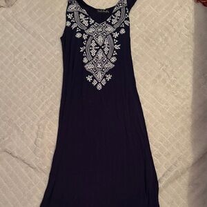 French Atmosphere Navy Maxi Dress with White Embroidery